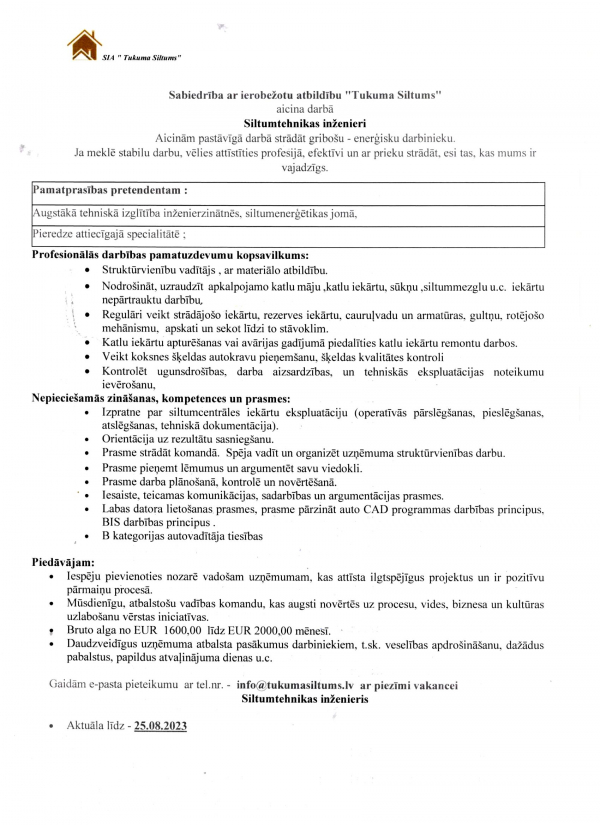 Vakance siltumtehnikas inzenieris